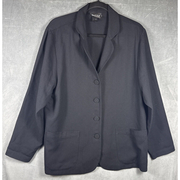 Eileen Fisher Black 100% Wool Lightweight Unlined Jacket 4 Button Sz LARGE 12-14 - Picture 1 of 4